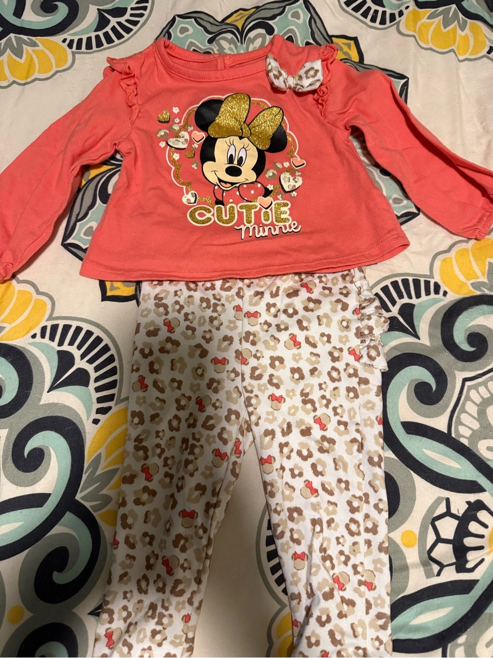 Disney Minnie Mouse 'Cutie Minnie' Coral Kids Shirt and Ruffle Pants Set